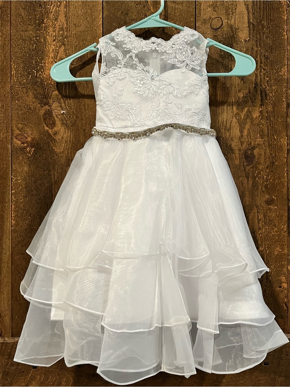 JJs House White Lace & Tulle Formal Flower Girl Dress with Beaded Belt